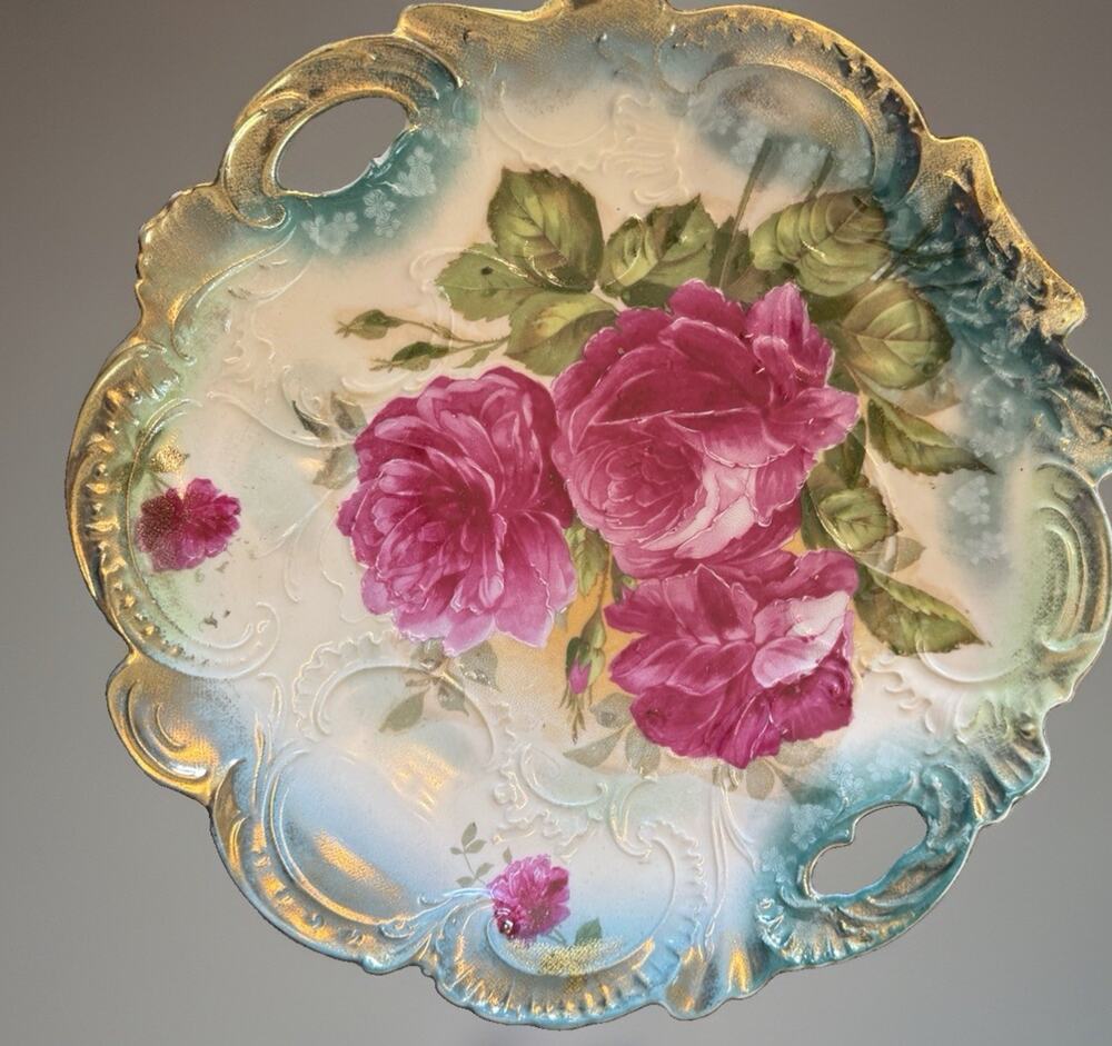 Antique Germany Serving Bowl Early 1900’s Cabbage Roses Floral Pattern Handles